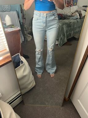 Zara Light Blue High-Rise Ripped Flare Jeans